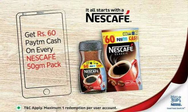 India Desire : Paytm Nescafe Offer :Free Rs 60 Paytm Cash On Every Nescafe Pack
